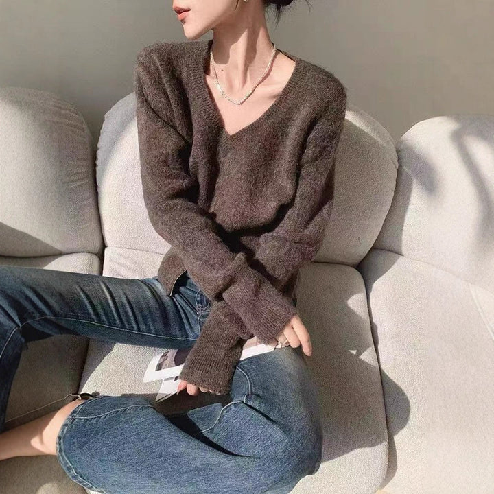 Damen Modische Strickjacke mit tiefem V-Ausschnitt und Reißverschluss Drune