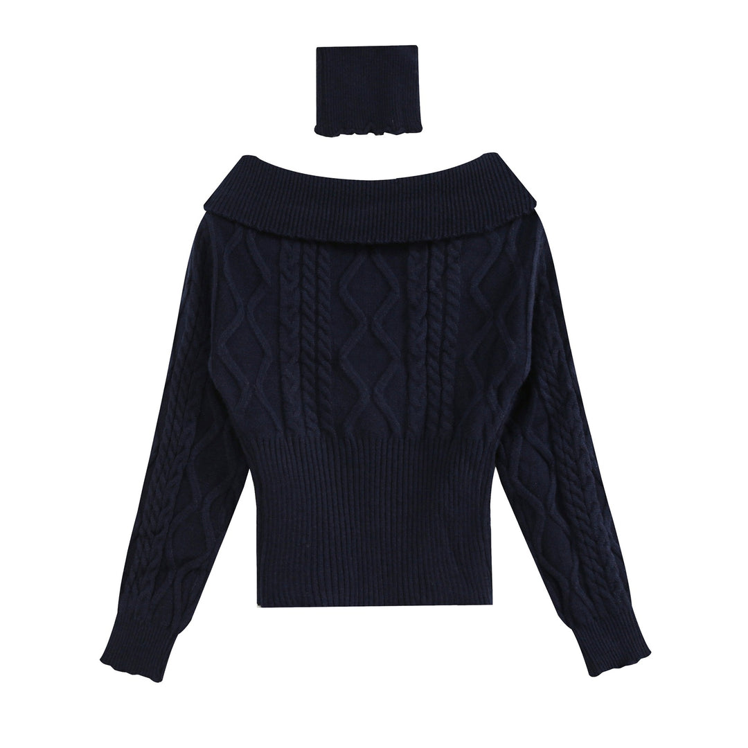 Damen Off-Shoulder Zopfstrick-Pullover mit weitem Rippbund und Umschlagkragen Drune