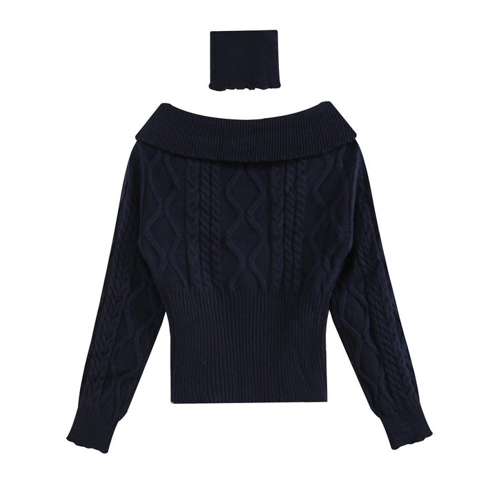 Damen Off-Shoulder Zopfstrick-Pullover mit weitem Rippbund und Umschlagkragen Drune