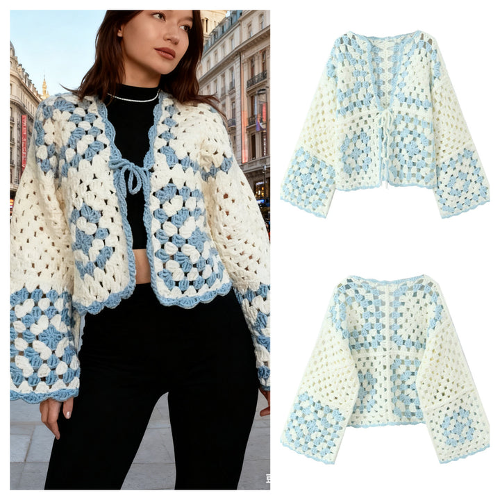Damen Gehäkelte Granny‑Square Cardigan mit weitem Ärmel und Bindegürtel Drune