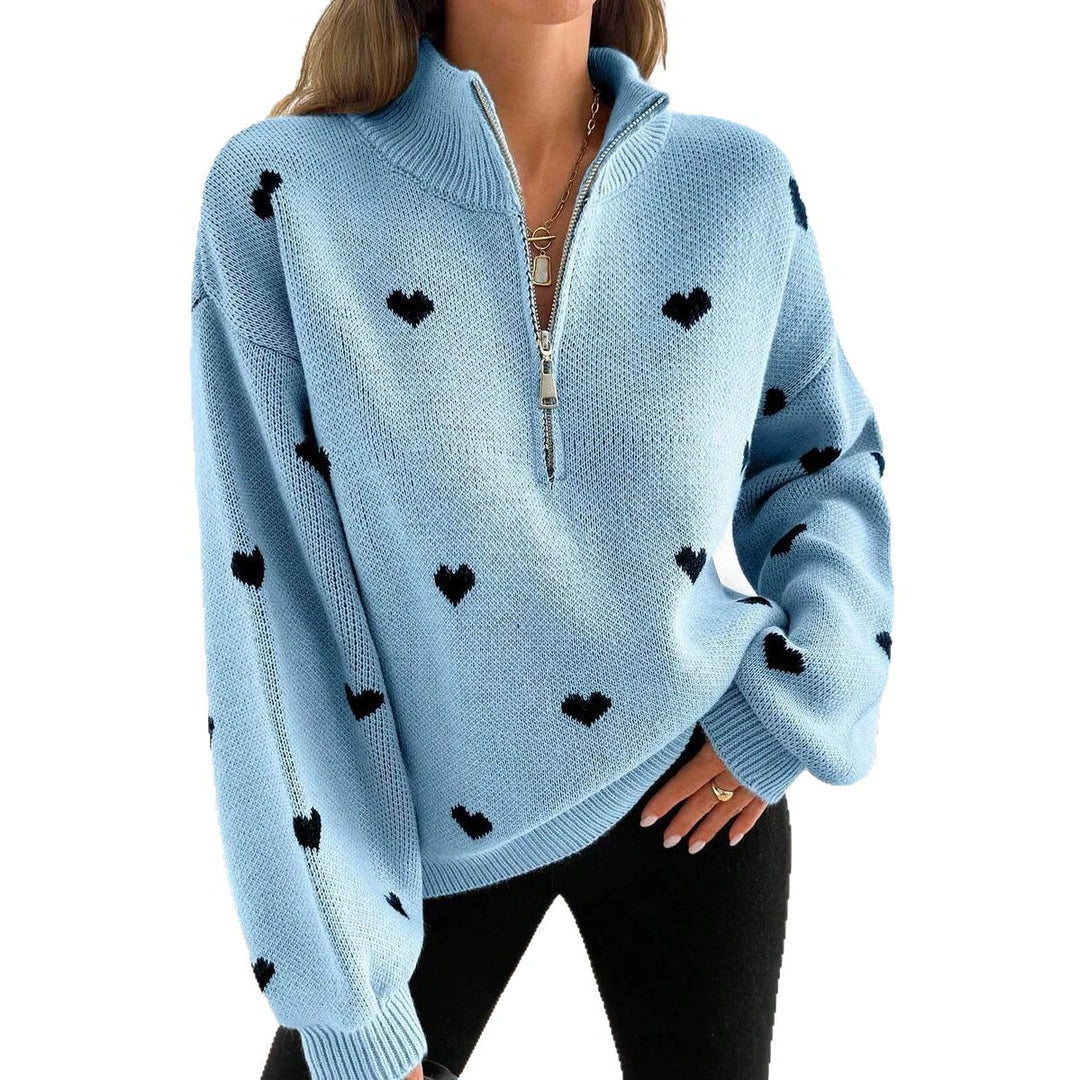 Damen Oversize Strickpullover mit Half-Zip und Herzmotiv Drune