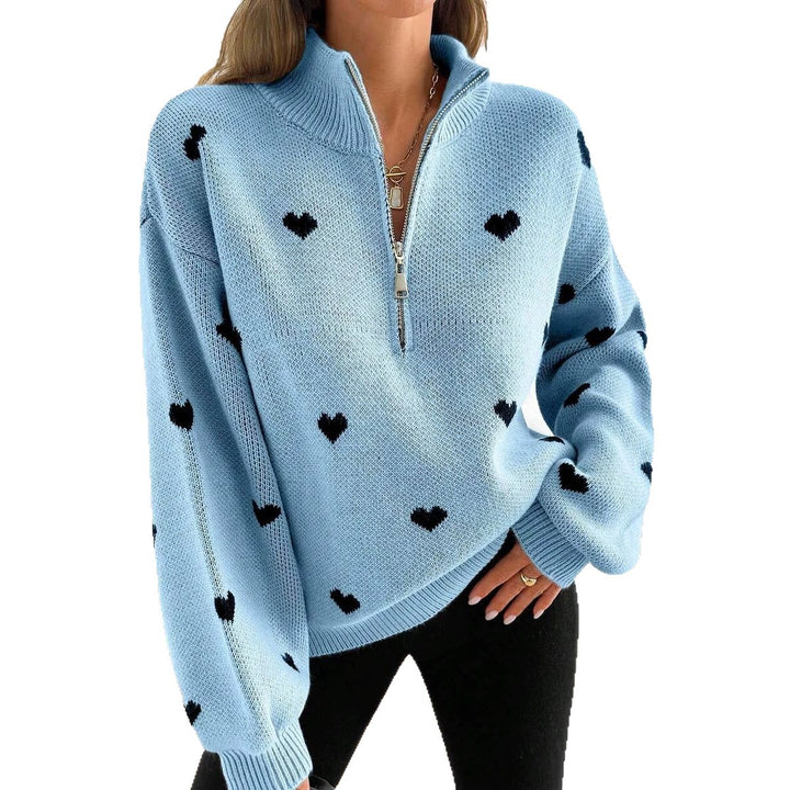 Damen Oversize Strickpullover mit Half-Zip und Herzmotiv Drune