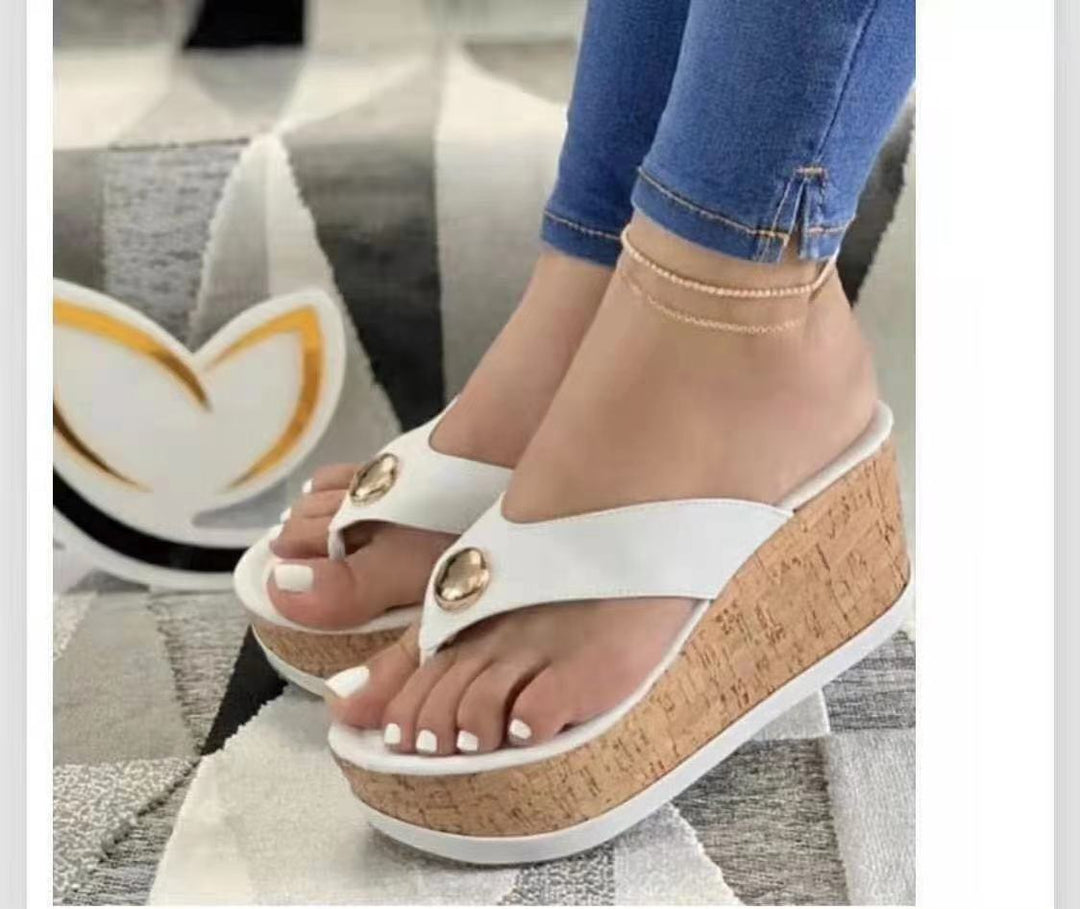 Damen nan Zehentrenner-Plateau-Sandalette mit Korkkeilabsatz und dekorativem Zierknopf Drune