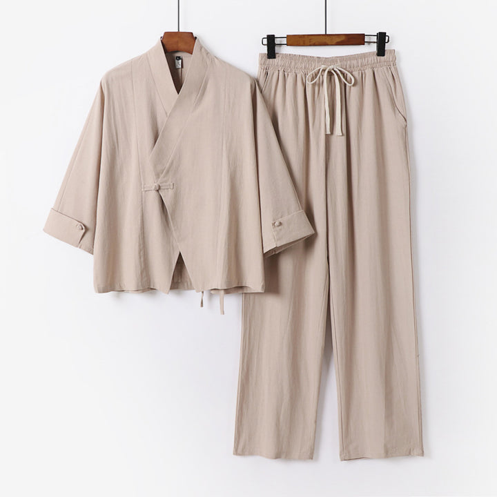Unisex Leichtes Zen-Lounge-Set im Kimono-Stil mit überschnittener Schulter verdeckter Knotenleiste und elastischer Tunnelzughose Drune