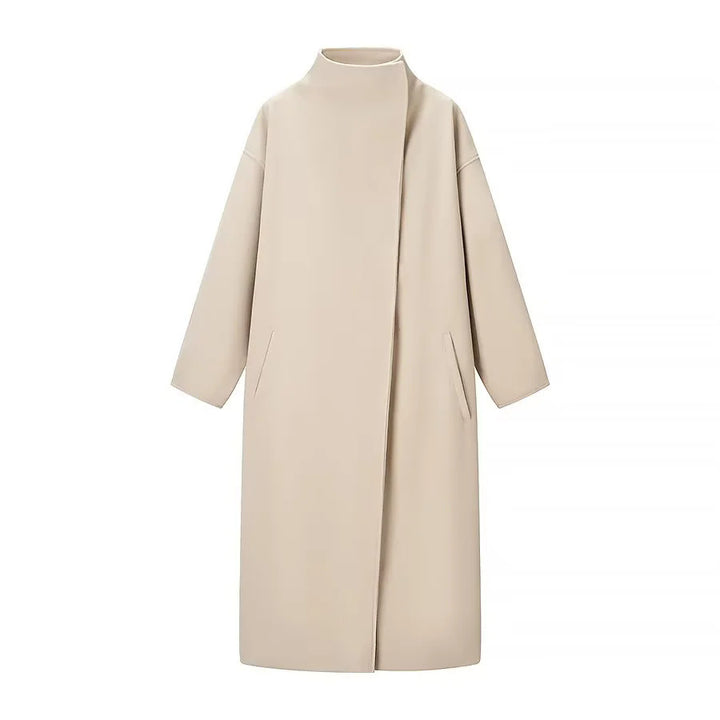 Damen nan minimalistischer Longmantel mit Stehkragen, verdeckter Frontleiste und schrägeingesetzten Eingrifftaschen Drune