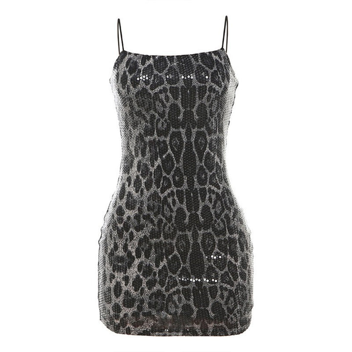 Damen Elegantes Leopardenmuster Kleid mit Glitzersteinen Drune