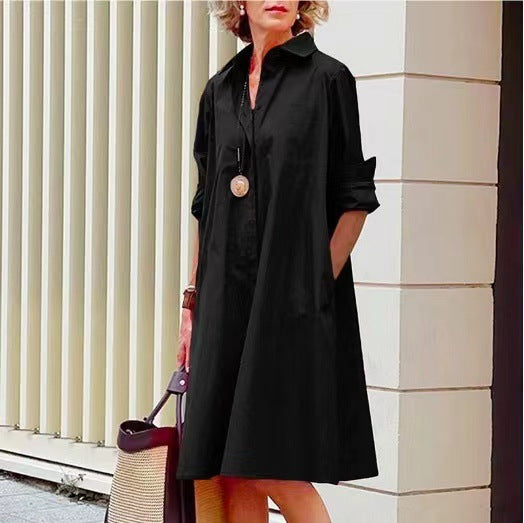 Damen nan A-Linien Hemdblusenkleid mit aufgekrempelten 3/4-Ärmeln und seitlichen Eingrifftaschen Drune