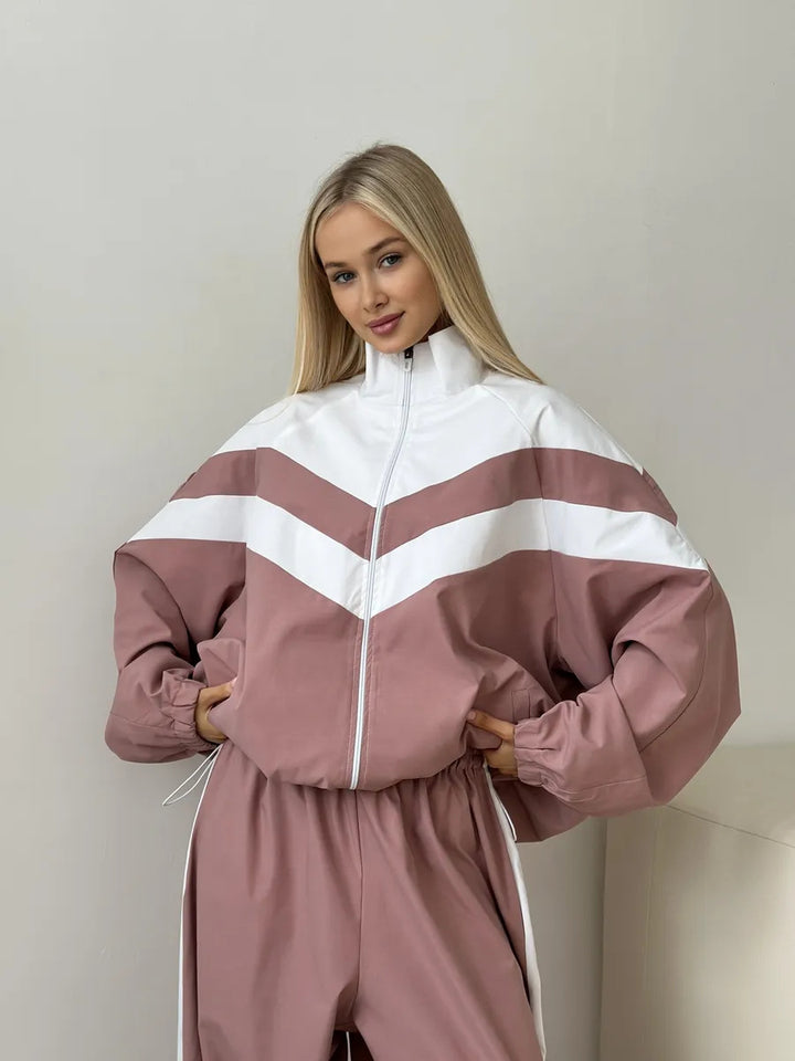 Damen Oversized Windbreaker-Set mit Reißverschlussjacke und elastischer Bundhose Drune
