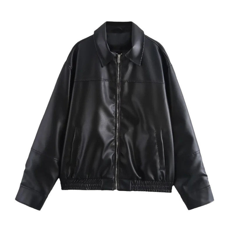 Damen modische Kunstlederjacke mit elastischem Bund Drune