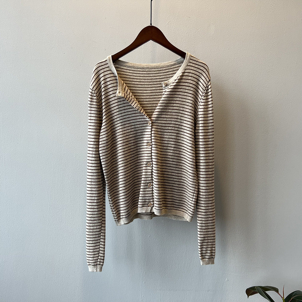 Damen Langarmshirt mit maritimem Streifenmuster und Knopfleiste Drune