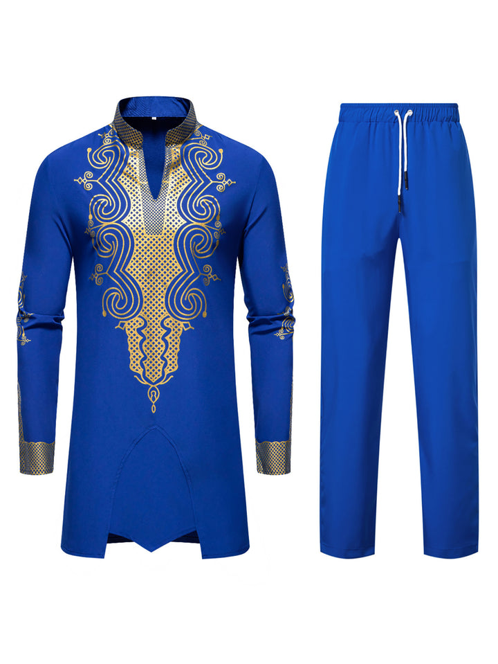 Herren Traditionelles besticktes Tunika‑Set mit Mandarinkragen und elastischer Hose Drune