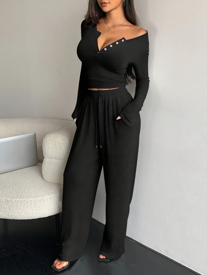 Damen Casual Rippstrick Lounge-Set mit Off-Shoulder Henley-Oberteil und weit geschnittenen Jogginghosen Drune