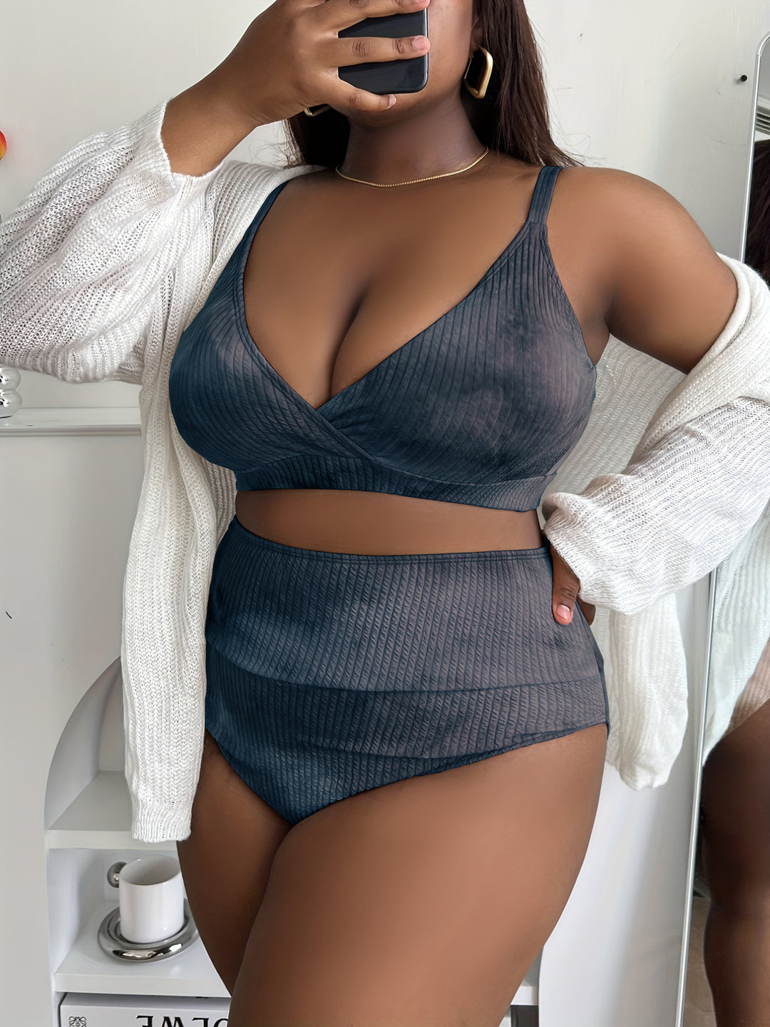 Damen Hoch tailliertes Bikini-Set mit raffiniertem Ripp-Design Drune