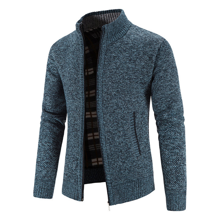 Herren nan Strickjacke mit durchgehendem Reißverschluss, Stehkragen und kariertem Futter Drune