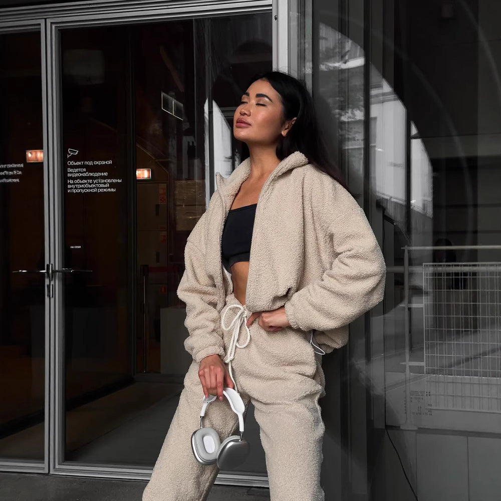 Damen Teddy-Fleece-Loungewear Set mit halbem Reißverschluss elastischem Tunnelzugbund und weitem Bein Drune