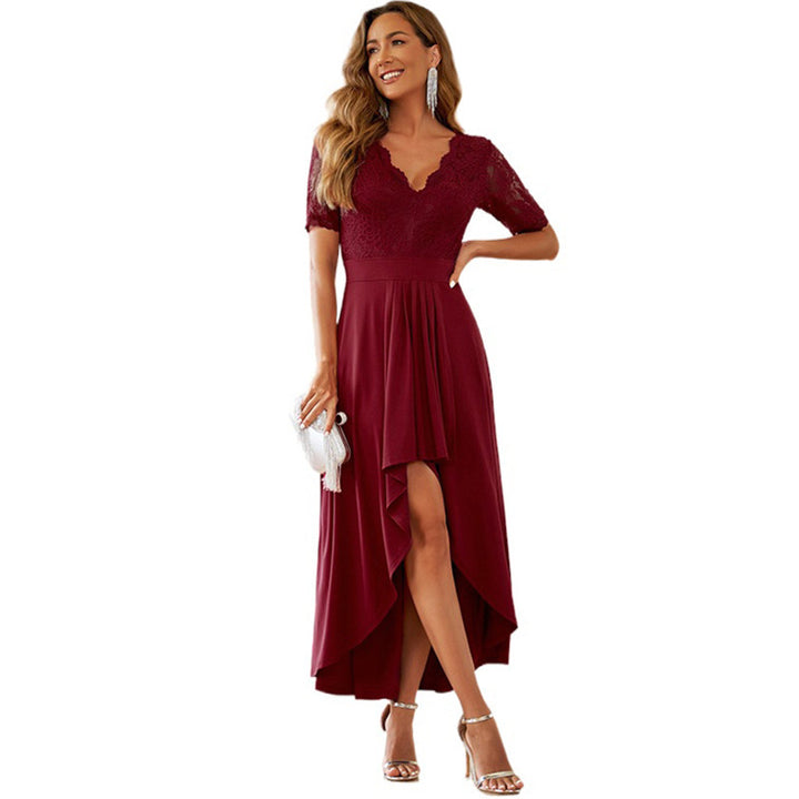 Damen elegantes Abendkleid mit tiefem V-Ausschnitt und gerafftem Rocksaum Drune