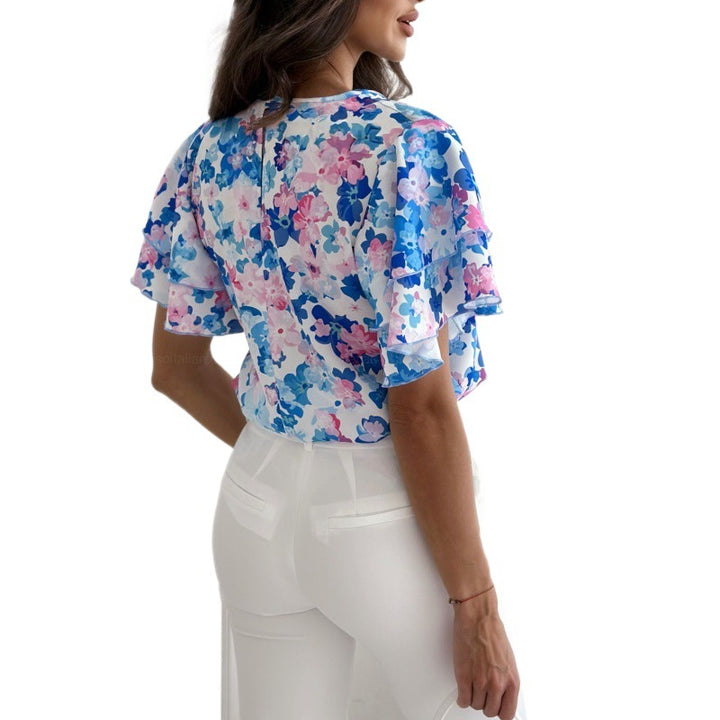 Damen Blusenshirt mit voluminösen Rüschensäumen und floralem Druck Drune