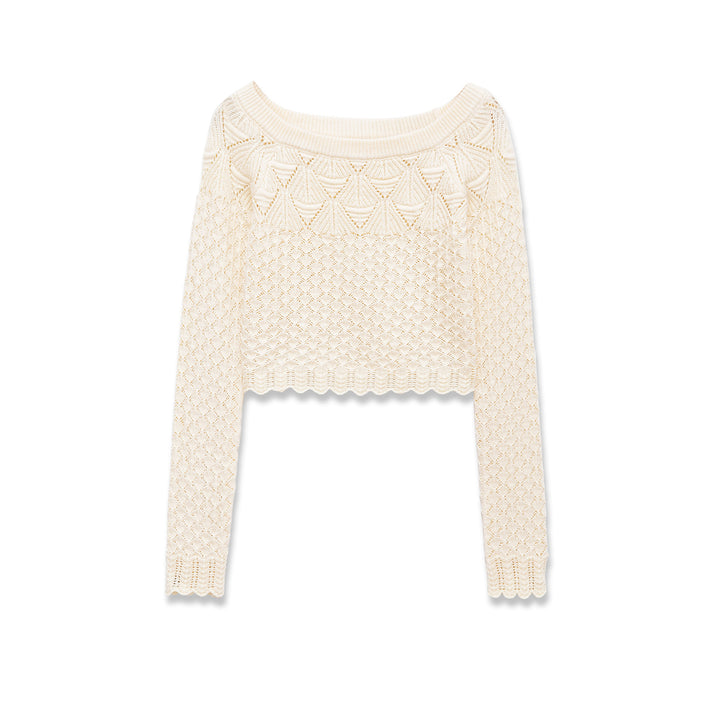 Damen nan gehäkelter Kurzpullover mit weitem Boot-Ausschnitt, feinem Lochstrickmuster und elastischem Bündchen Drune