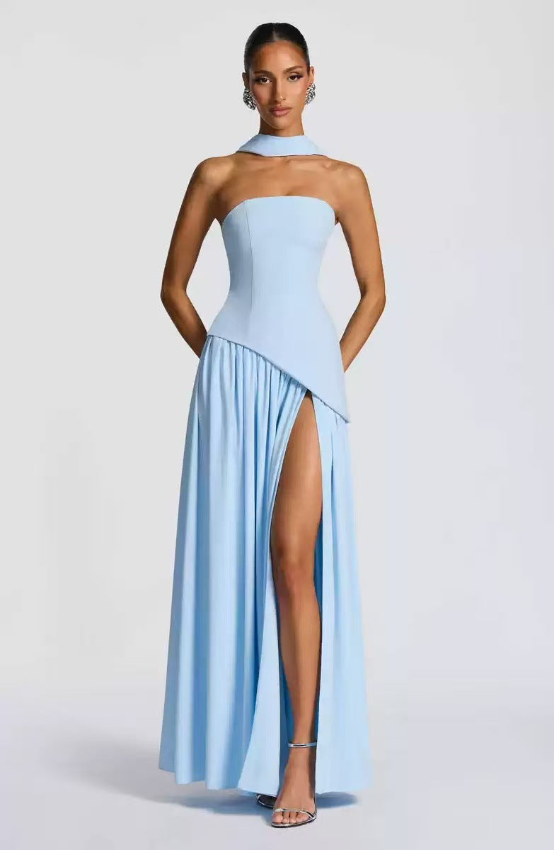 Damen Bodenlanges Maxikleid mit schulterfreiem Design und elegantem Schlitz Drune