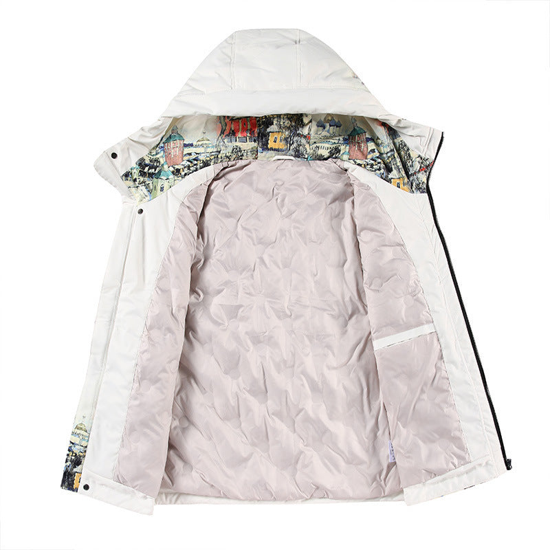 Unisex Kapuzenparka mit städtischem Fotoprint, transparenten Taschen und Kordelzug Drune