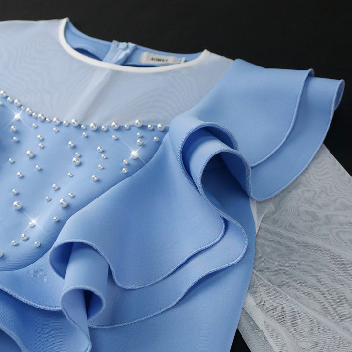 Damen elegantes Kleid mit Rüschen und Perlenapplikationen Drune