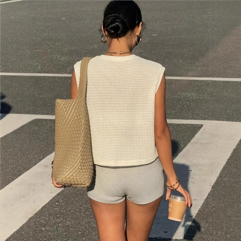 Damen lockeres Waffelstrick-Top mit lässigem Schnitt Drune