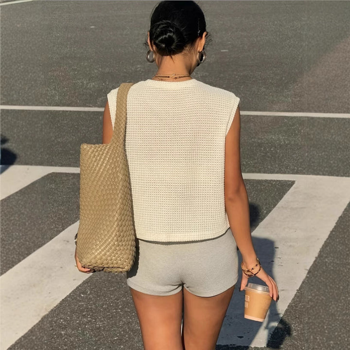 Damen lockeres Waffelstrick-Top mit lässigem Schnitt Drune