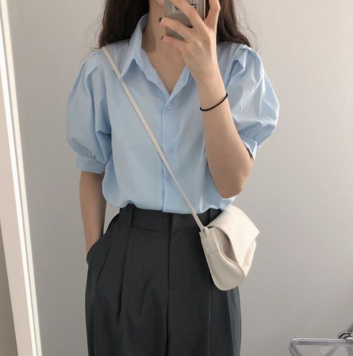 Damen Bluse mit Puffärmeln und klassischem Kragen Drune