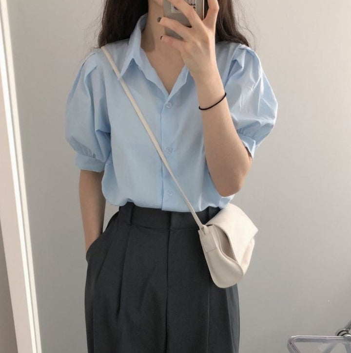 Damen Bluse mit Puffärmeln und klassischem Kragen Drune