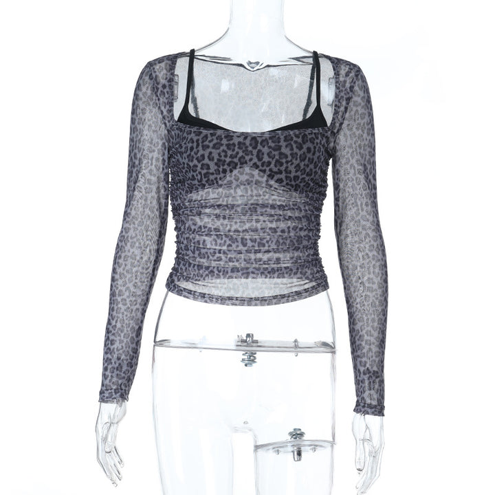 Damen transparentes Langarm-Top mit Leopardenmuster und eleganten Rüschen Drune
