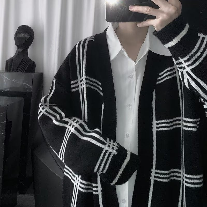 Herren Oversized Strickcardigan mit Karomuster und offener Front Drune