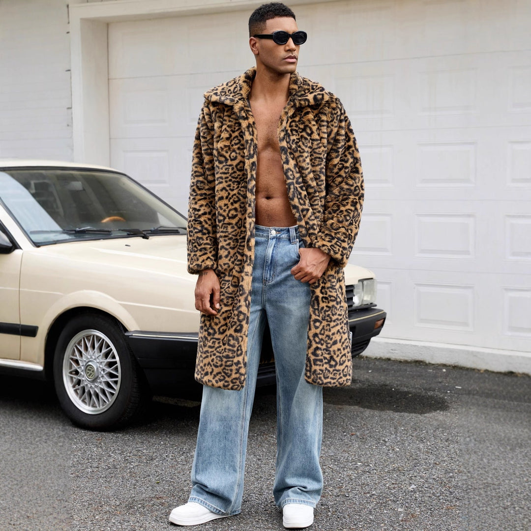 Herren Luxus Kunstpelzmantel mit Leopardenmuster Drune