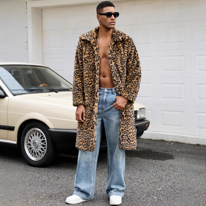 Herren Luxus Kunstpelzmantel mit Leopardenmuster Drune