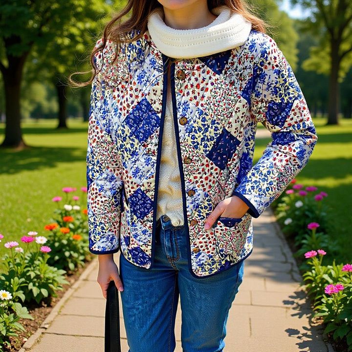 Damen Patchwork Steppjacke mit floralem Design und sichtbarer Knopfleiste Drune