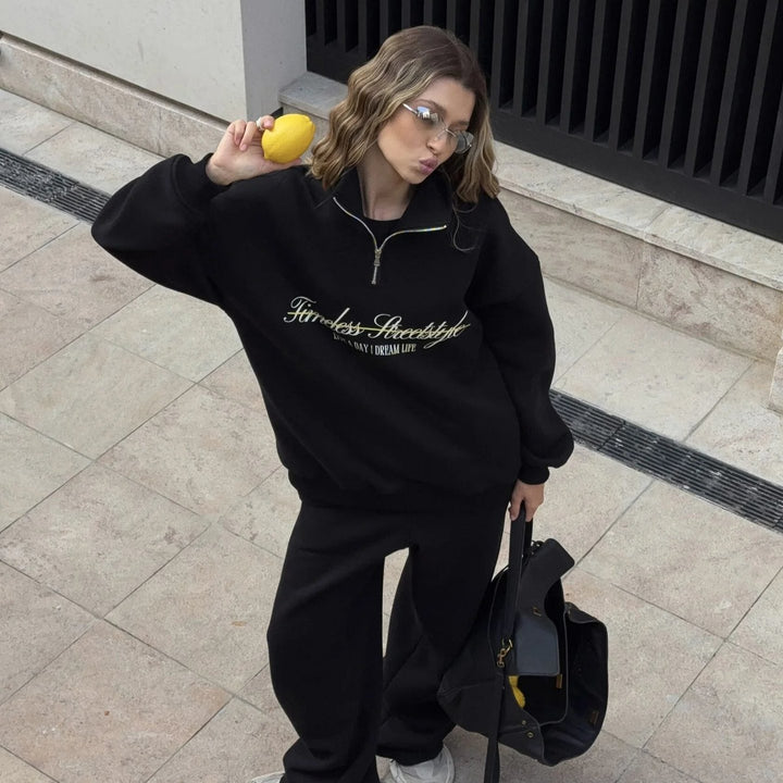Damen sportlicher Halbärmel Pullover mit durchgehendem Reißverschluss und oversized Schnitt