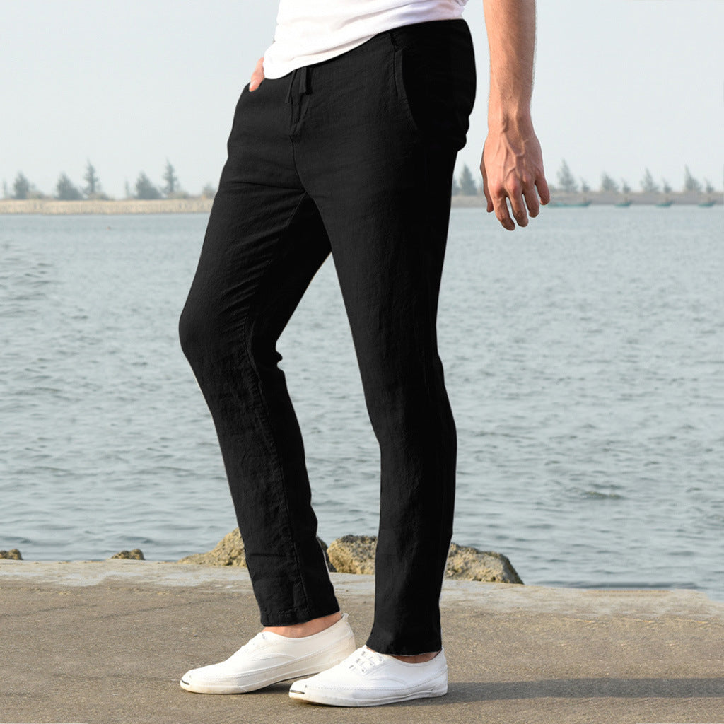 Herren lässige Leinenhose mit elastischem Bund und seitlichen Taschen Drune