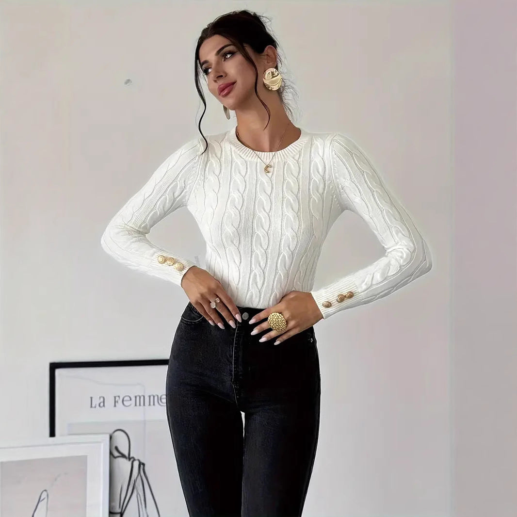 Damen Strickpullover mit filigranem Zopfmuster und eleganten Knopfdetails Drune