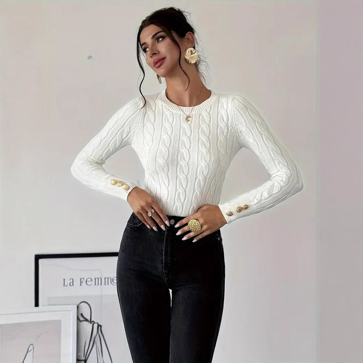 Damen Strickpullover mit filigranem Zopfmuster und eleganten Knopfdetails Drune