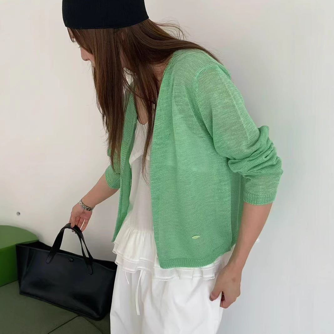 Damen leichte Strickjacke mit zarter Transparenz Drune