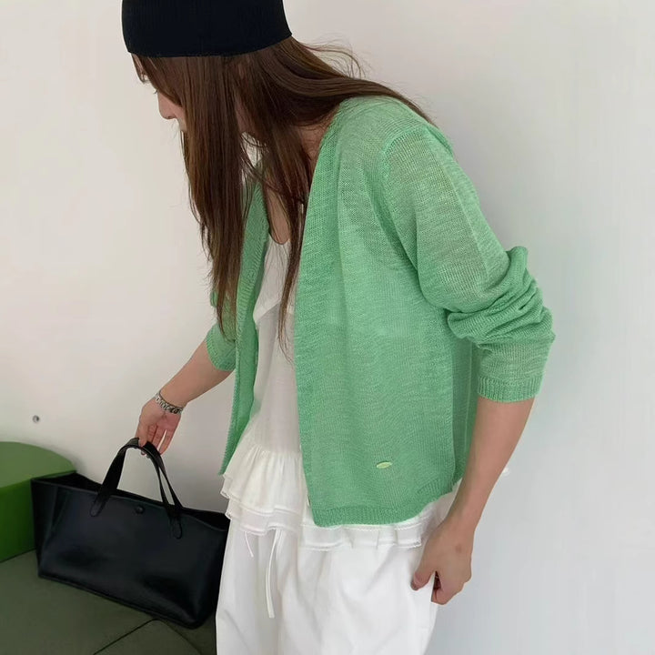 Damen leichte Strickjacke mit zarter Transparenz Drune
