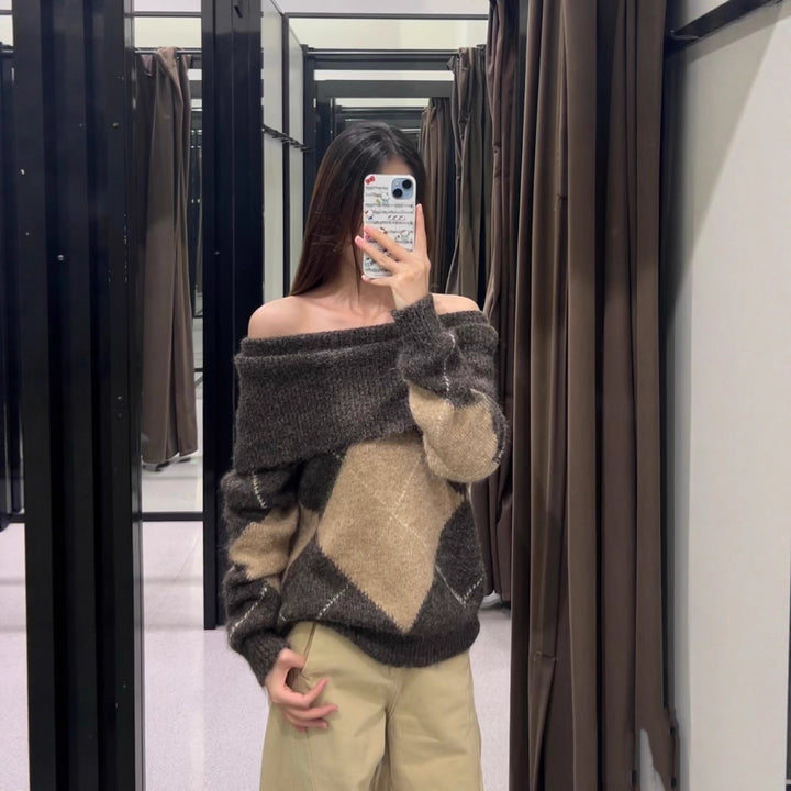 Damen Grobstrickpullover mit diamantförmigem Muster Drune