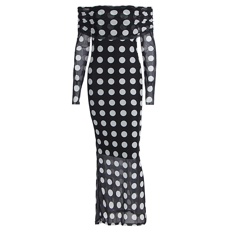 Damen Elegantes Maxikleid mit schulterfreiem Design und Punkten Drune