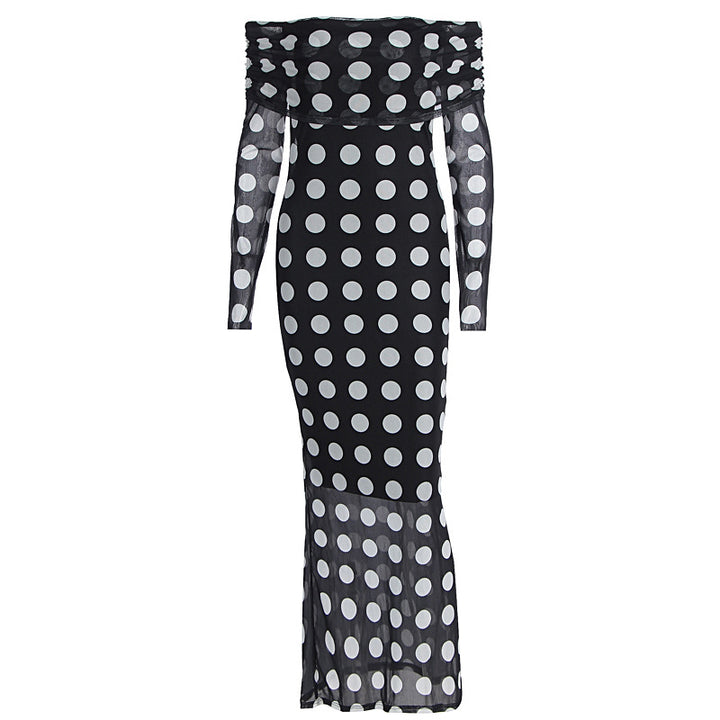 Damen Elegantes Maxikleid mit schulterfreiem Design und Punkten Drune