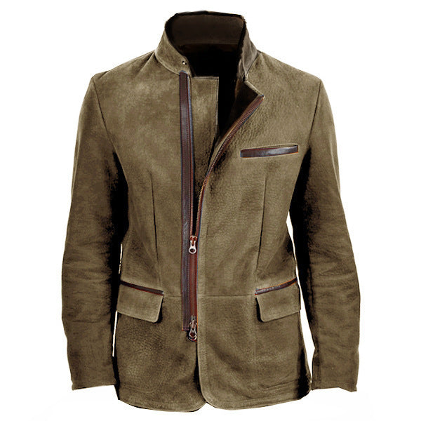 Herren Veloursleder-Fieldjacke im Fliegerstil mit Stehkragen, asymmetrischem beidseitig öffnendem Reißverschluss und kontrastierenden Lederbesätzen Drune