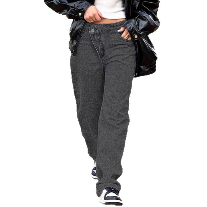 Damen hochgeschnittene locker sitzende Jeans mit weitem Bein und asymmetrischer Knopfleiste Drune