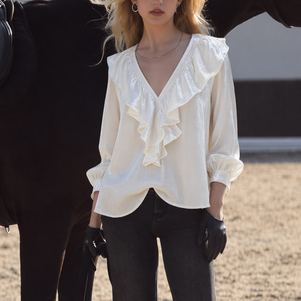 Damen schimmernde V-Neck Rüschenbluse mit Ballonärmeln und elastischen Bündchen Drune