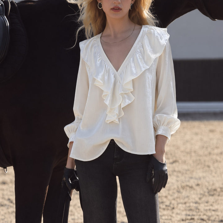 Damen schimmernde V-Neck Rüschenbluse mit Ballonärmeln und elastischen Bündchen Drune