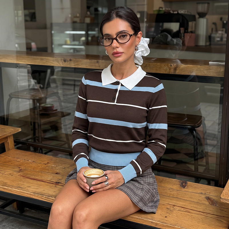 Damen Slim-Fit Polo-Strickpullover mit Retro-Streifen und kontrastierendem Hemdkragen Drune
