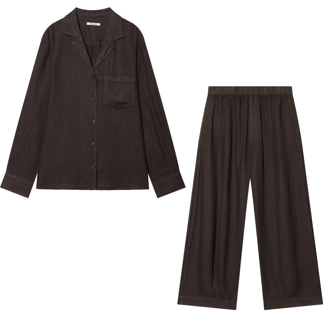 Damen Zweiteiliges Loungewear-Set aus Leinenoptik mit lockerem Pyjama‑Hemd und weiter Palazzo‑Hose Drune