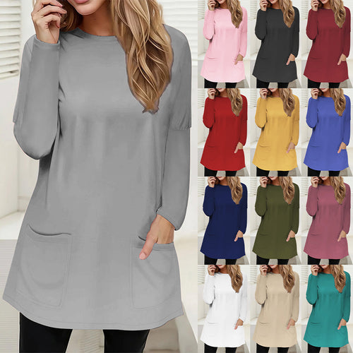 Damen Freizeit Longline Tunika mit Rundhalsausschnitt und aufgesetzten Taschen Drune